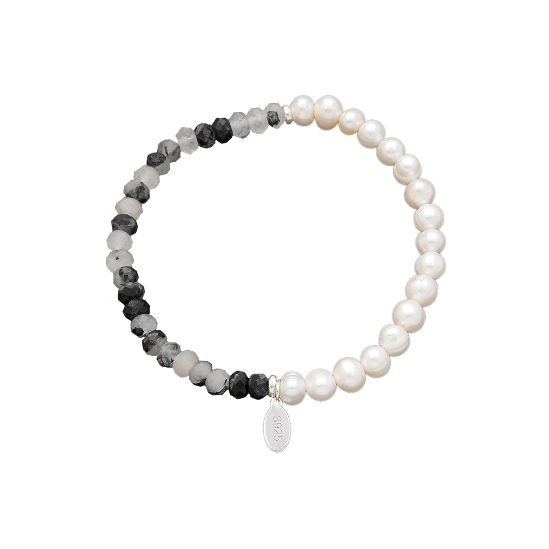 Sterling silver S925 stretch bracelet with freshwater pearl and faceted black rutilated quartz crystal bead half-and-half design.