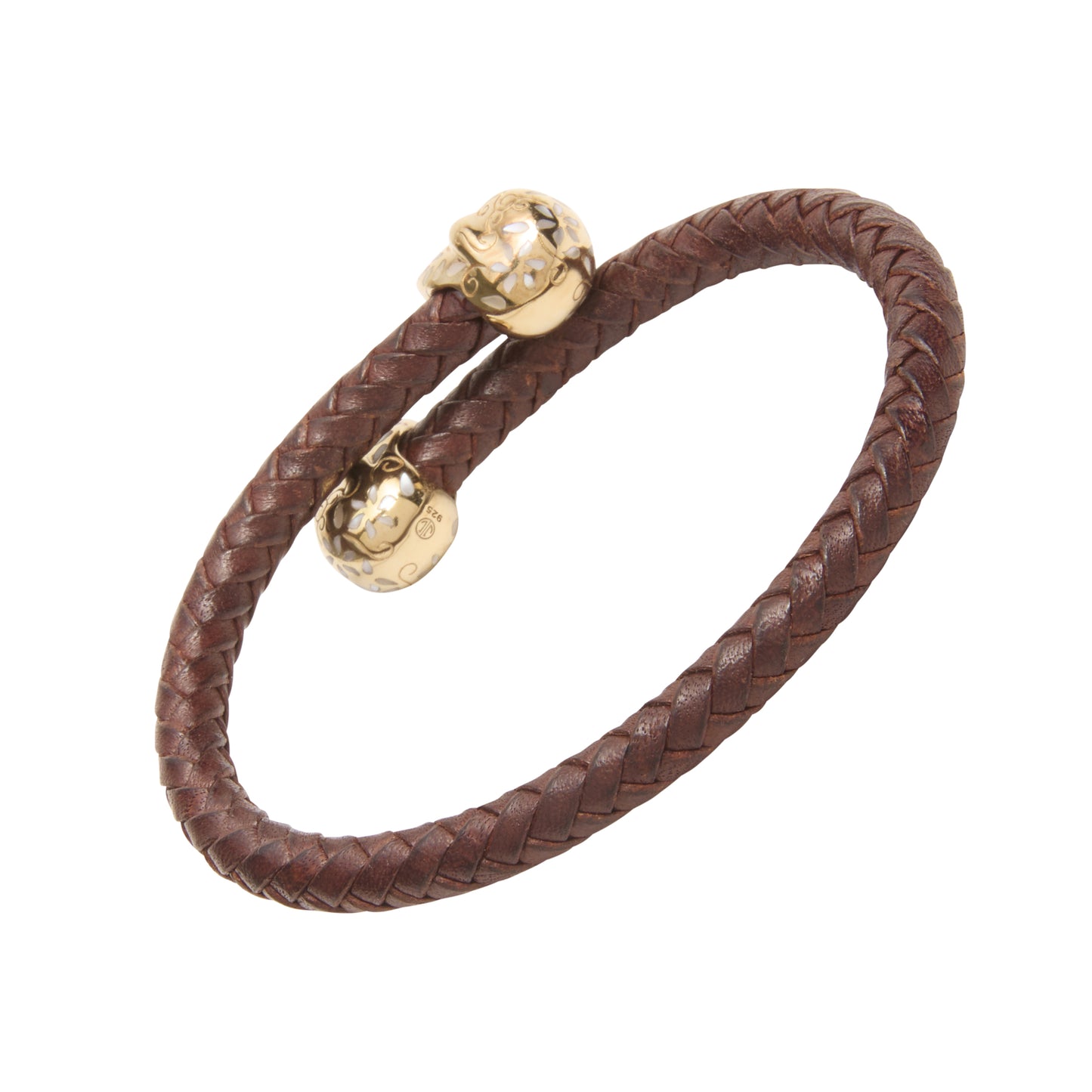 Brown braided leather wrap bracelet with gold-plated sugar skull end caps shown from the reverse, revealing the hallmarked Jan Leslie maker's mark.