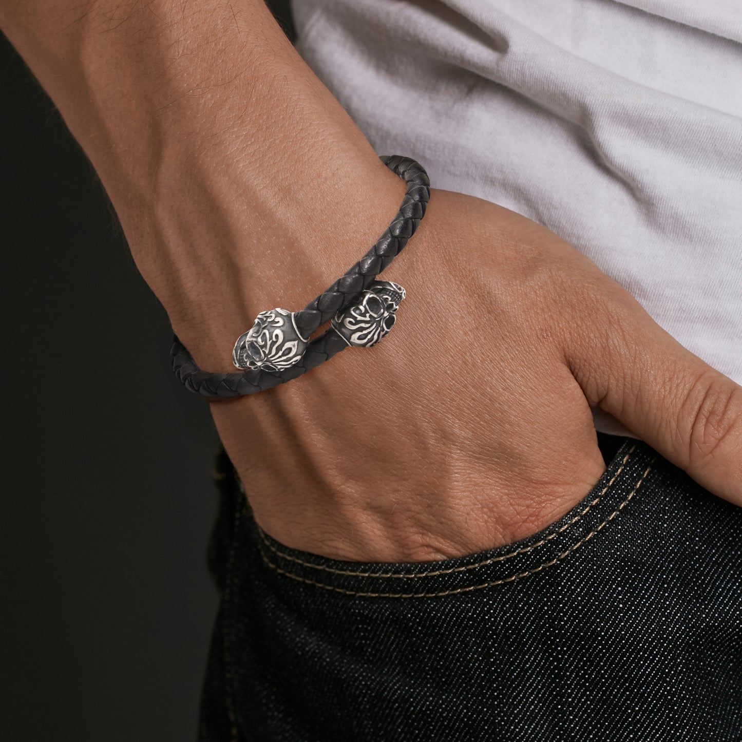 Skull Leather Sterling Spring Bracelet