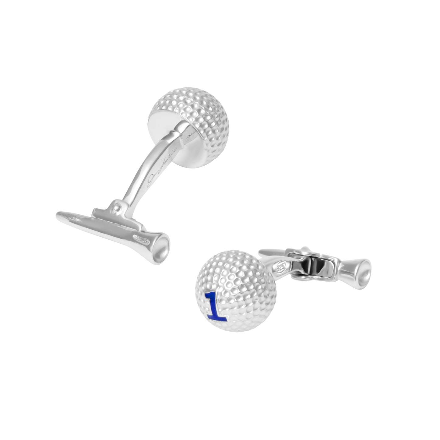 Sterling silver golf ball cufflinks with blue enamel number one detail.