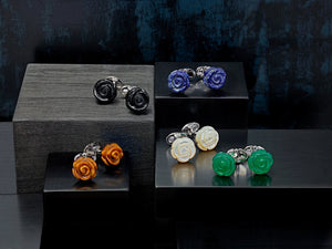 Group shot of the Hand-Carved Gemstone Rose Sterling Silver Cufflinks. From top to bottom: Onyx, Tiger's Eye, Lapis, Mother of Pearl and Green Agate Hand-Carved Gemstone Rose Sterling Silver Cufflinks styled on black and graphite risers. 