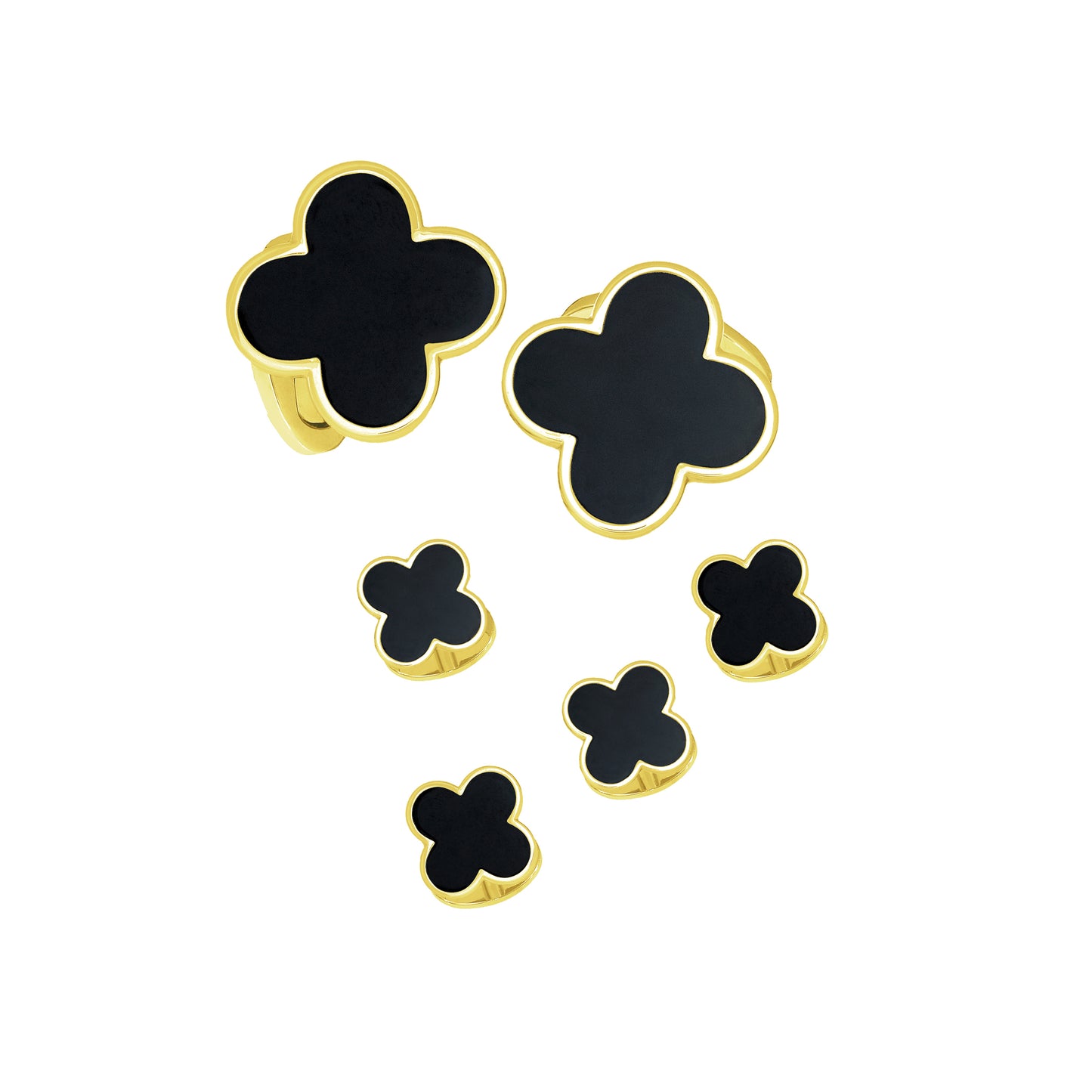 18kt Gold Four Leaf onyx Clover Cufflinks & Stud Set