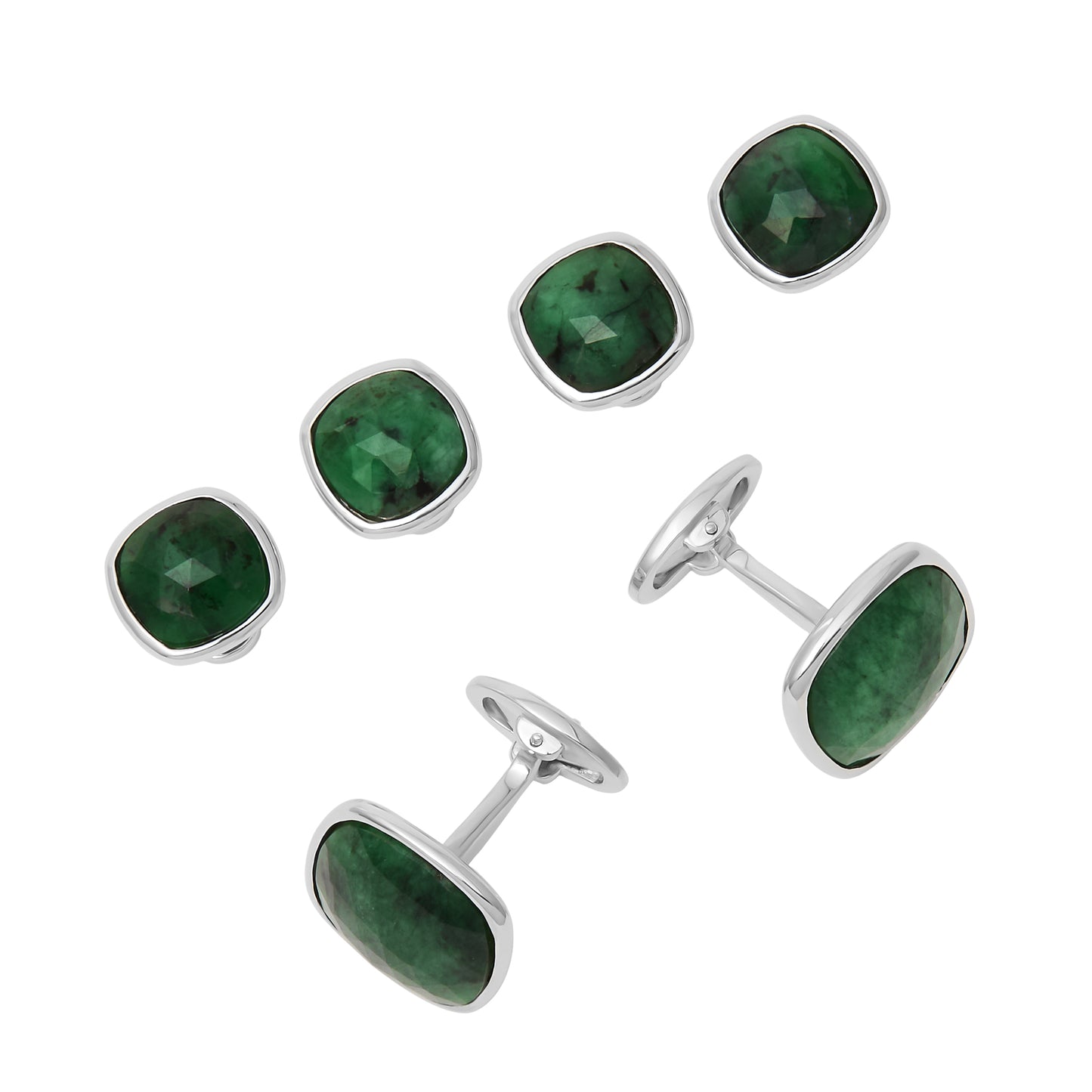 Faceted Emerald Sterling Cufflinks & Stud Set