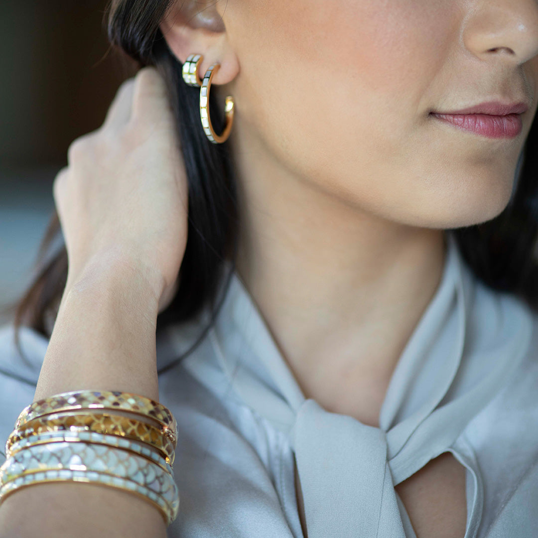 Model wearing Dash Climber Gemstone 18K Gold Vermeil Sterling Silver Earrings and Dash Hoop Gemstone 18K Gold Vermeil Sterling Silver Earrings.