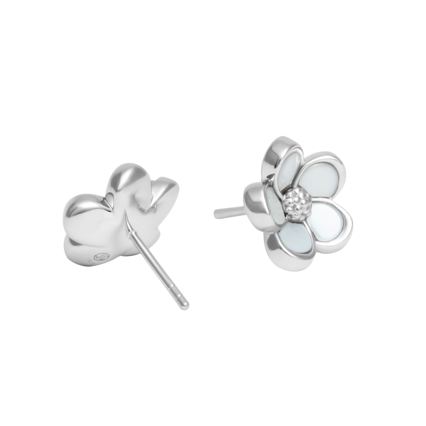 Sterling silver five-petal flower stud earrings with crisp white mother-of-pearl inlay petals, a textured rope-knot center, and secure butterfly post backs.