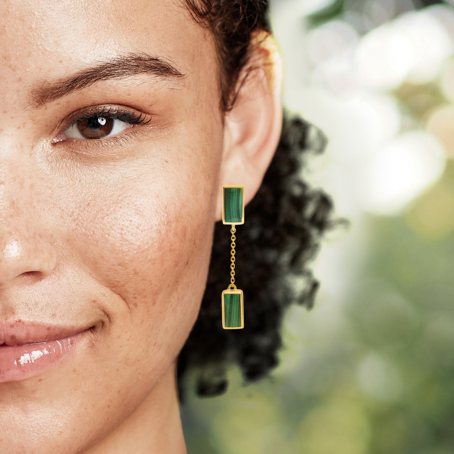 Dash Malachite Gemstone Gold Vermeil Chain Drop Earring