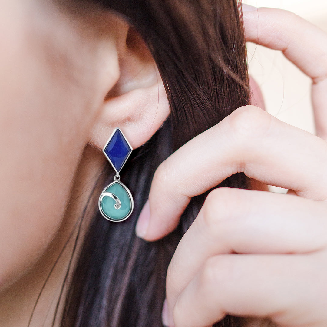 Hematite Faceted Gemstones Diamonds and Blue Mother of Pearl Doublet Earrings I Jan Leslie