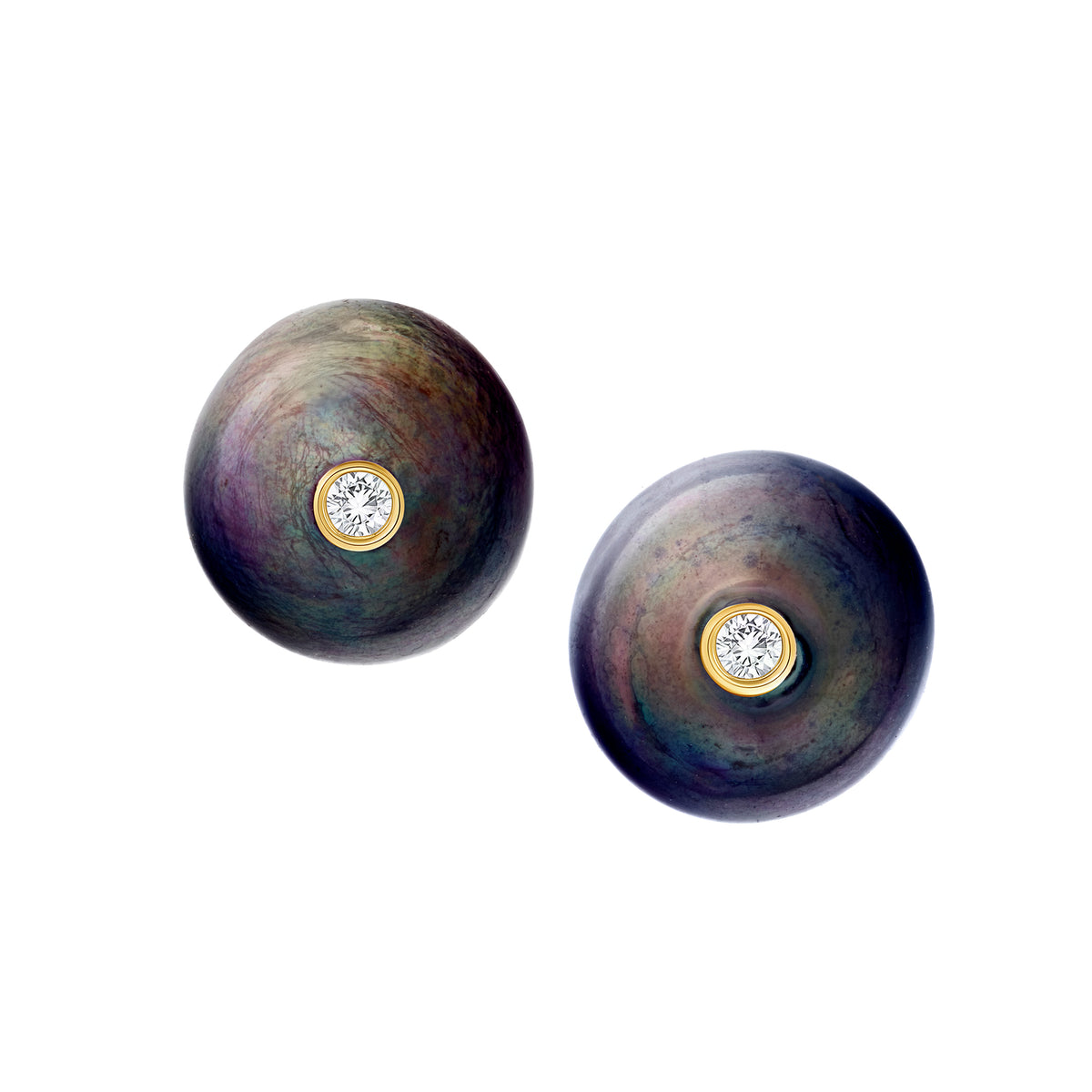 Black Pearl and White Diamonds 18K Yellow Gold Post Earrings