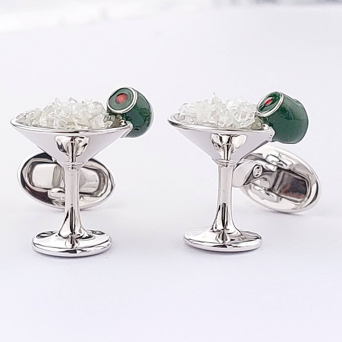 Sterling silver 3D martini glass cufflinks with crushed ice enamel.Jan leslie
