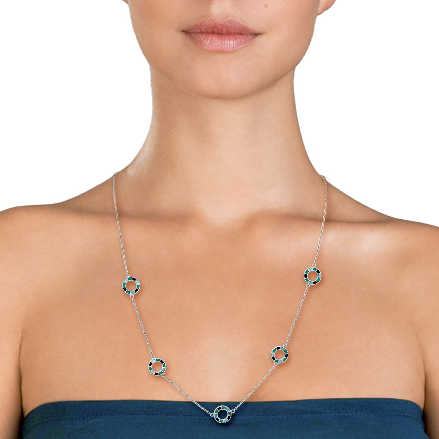 Dash Circle Gemstone Triple Station Tonal Blue Sterling Necklace