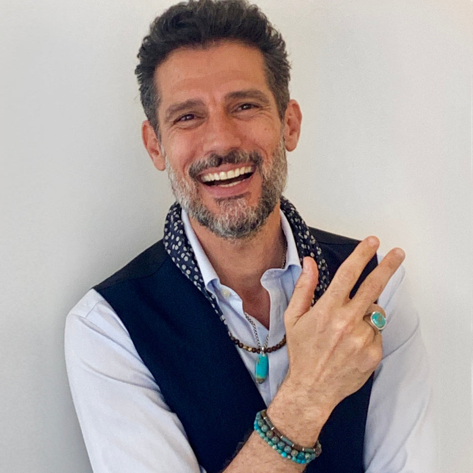 Model wearing Jan Leslie's Cross Etched Labradorite Sterling Silver Ring.