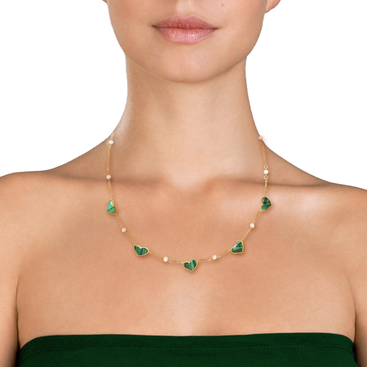 Heart Malachite Gemstone Five Station Gold Vermeil Sterling Necklace