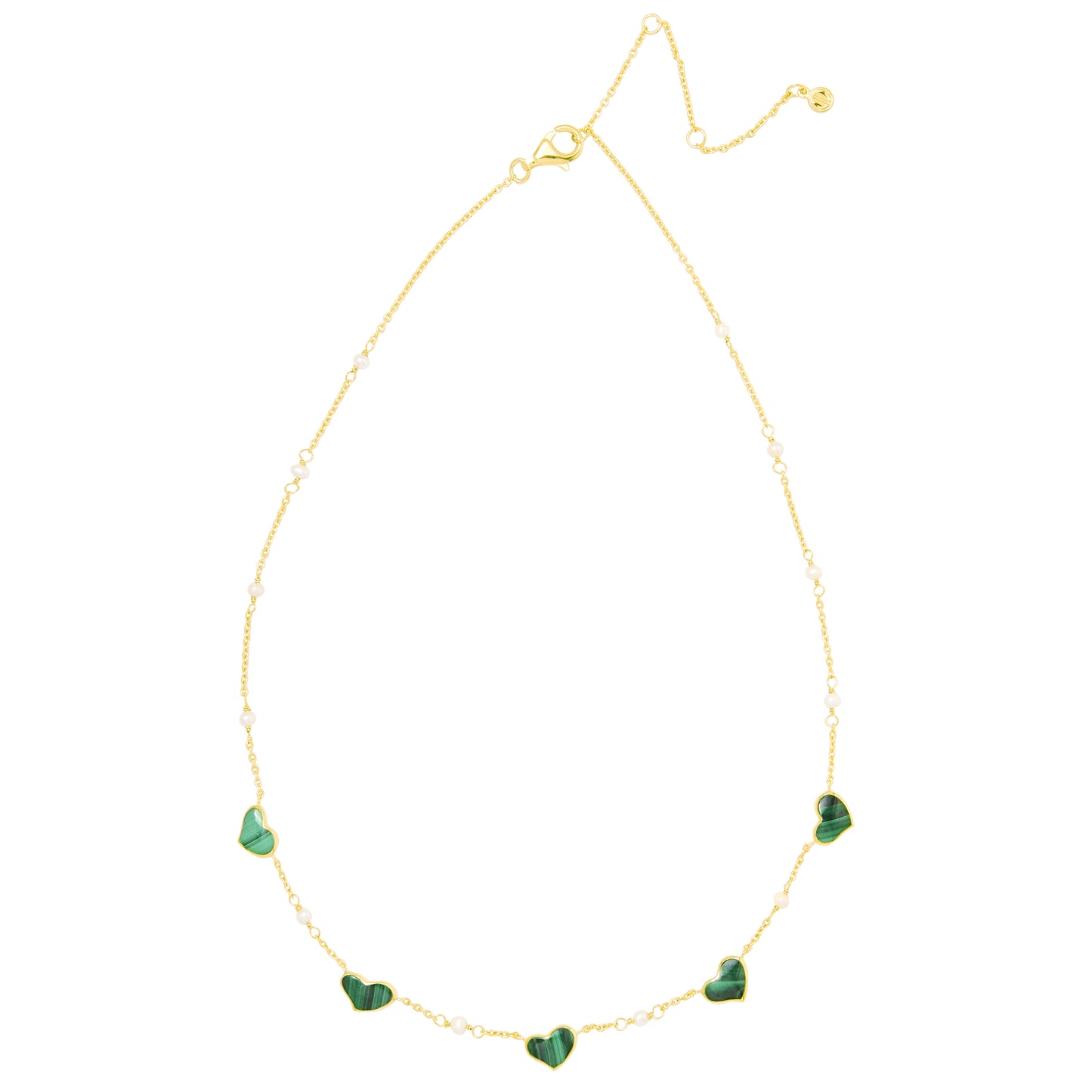 Heart Malachite Gemstone Five Station Gold Vermeil Sterling Necklace