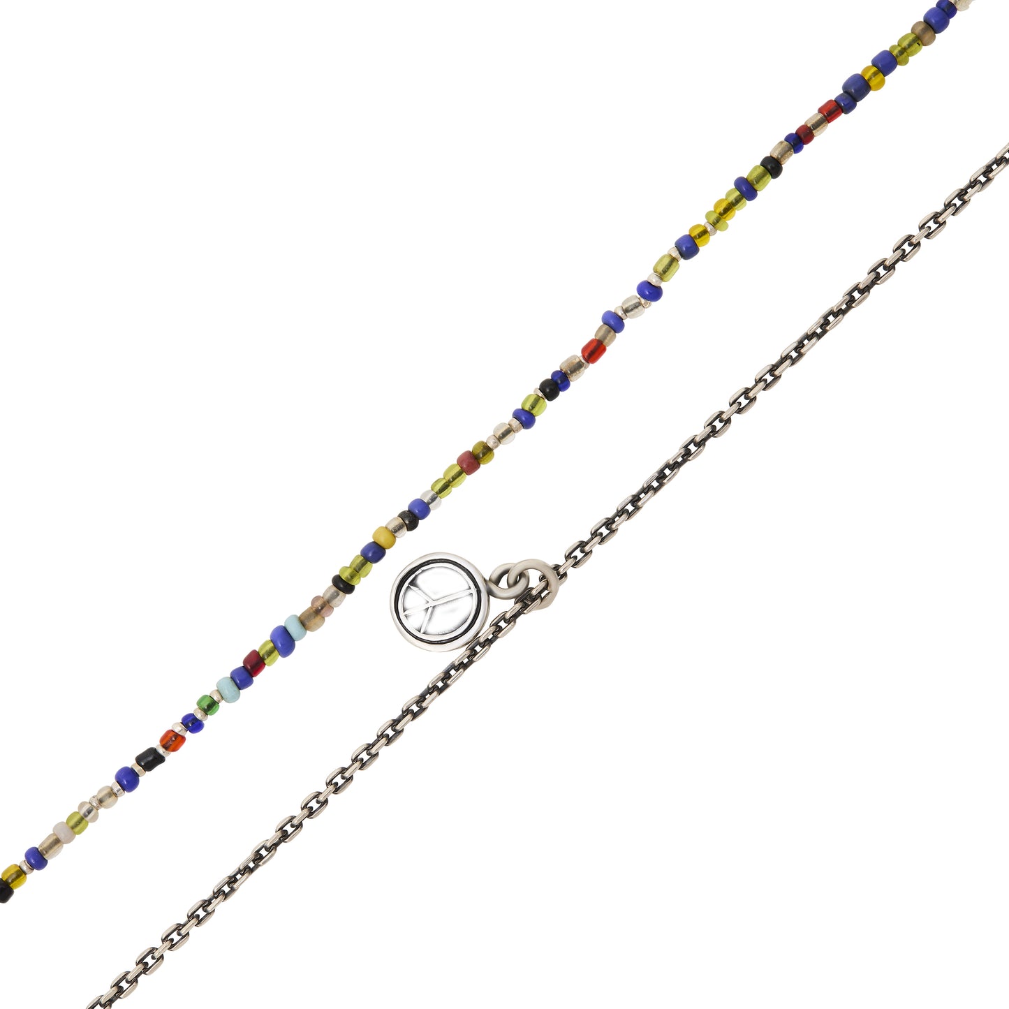 Multicolor seed bead necklace layered with oxidized silver cable chain and peace sign disc pendant — Jan Leslie