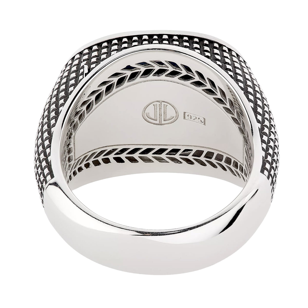 Sterling silver oxidized mesh-texture wide signet ring interior view showing Jan Leslie JL monogram stamp 925 hallmark and oxidized wheat chevron border engraving by Jan Leslie