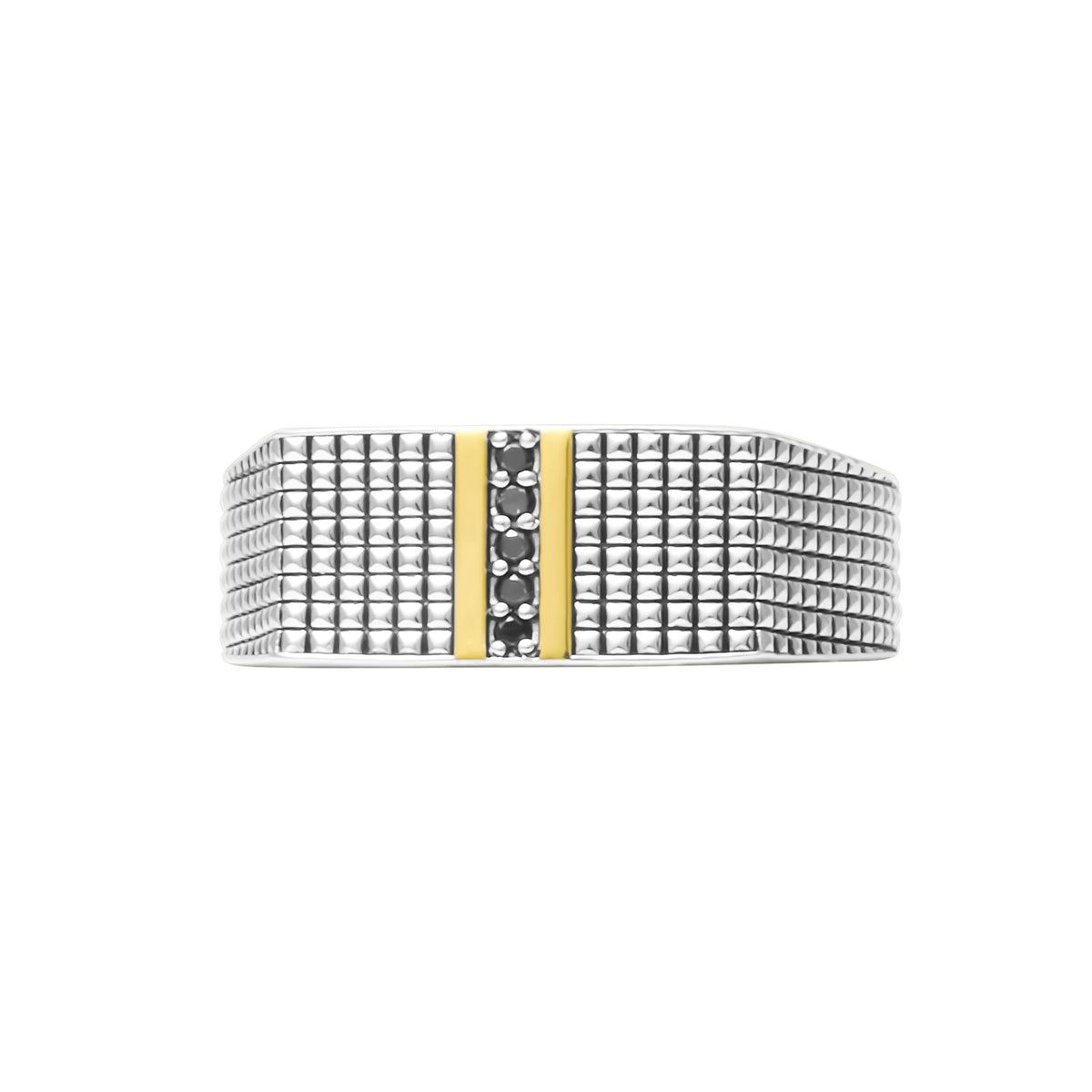 Wide-band two-tone sterling silver men's ring with a raised grid texture, gold bar detailing, and a vertical pavé black diamond center row.