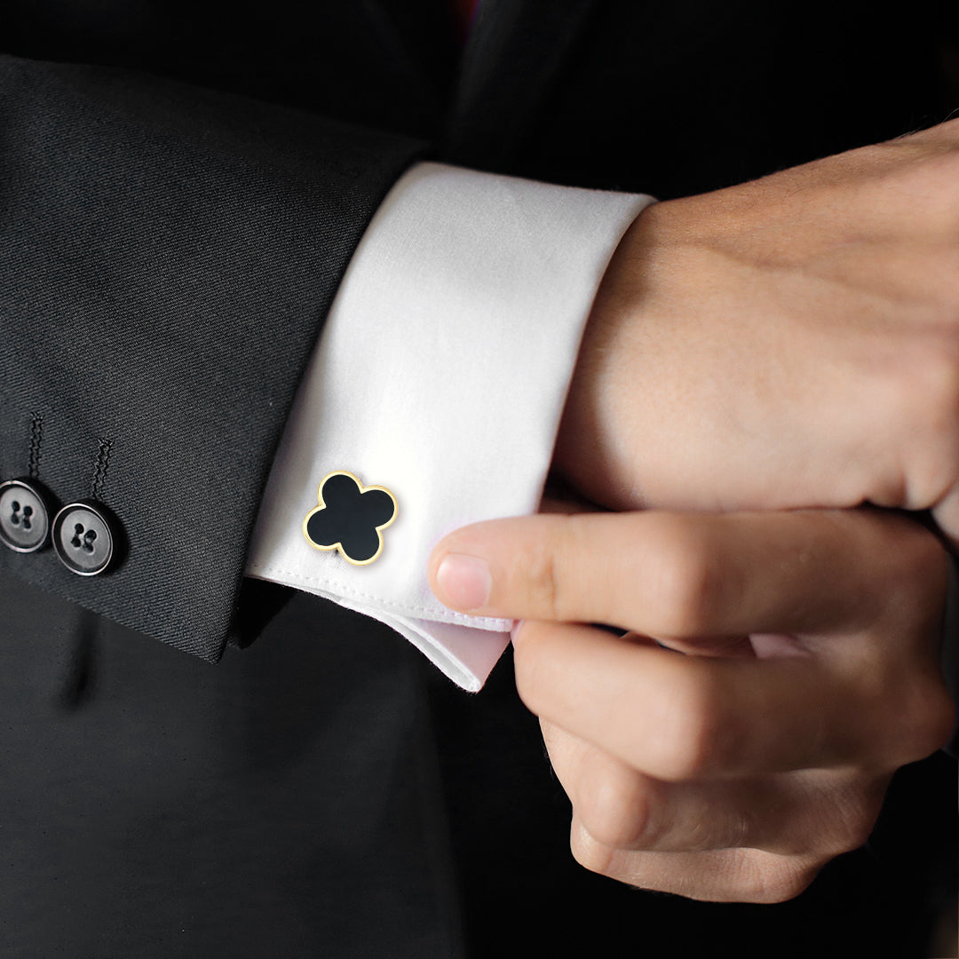 18kt Gold Four Leaf onyx Clover Cufflinks & Stud Set