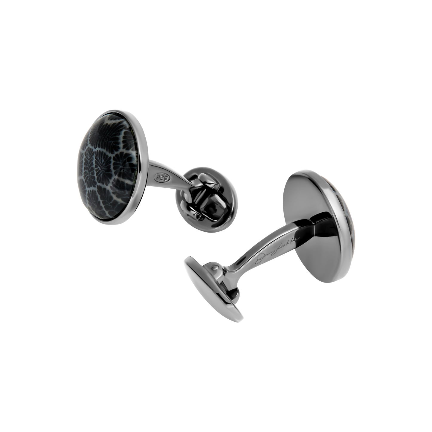 Round Black Fossil Coral Gemstone Gunmetal Sterling Silver Cufflinks