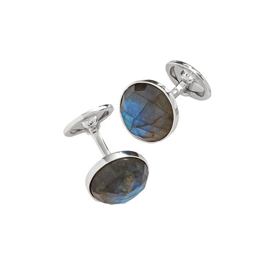 Side view of Faceted Round Labradorite Sterling Silver Cufflinks. 