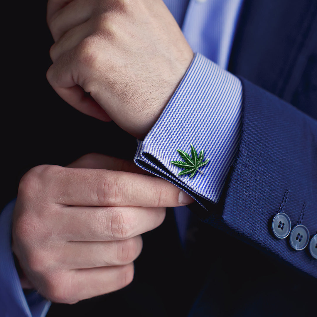 Cannabis Green Enamel Leaf Sterling Cufflinks