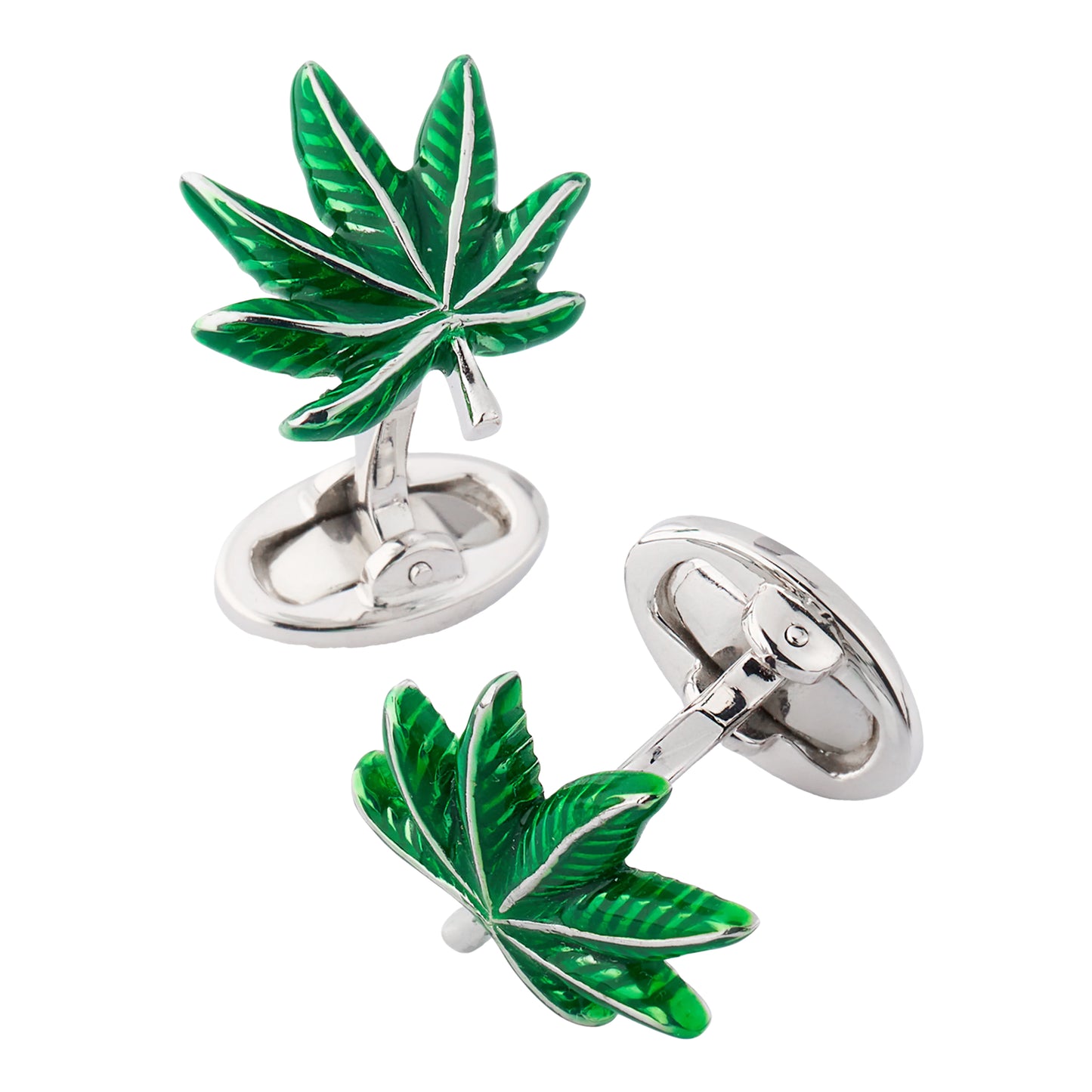 Cannabis Green Enamel Leaf Sterling Cufflinks