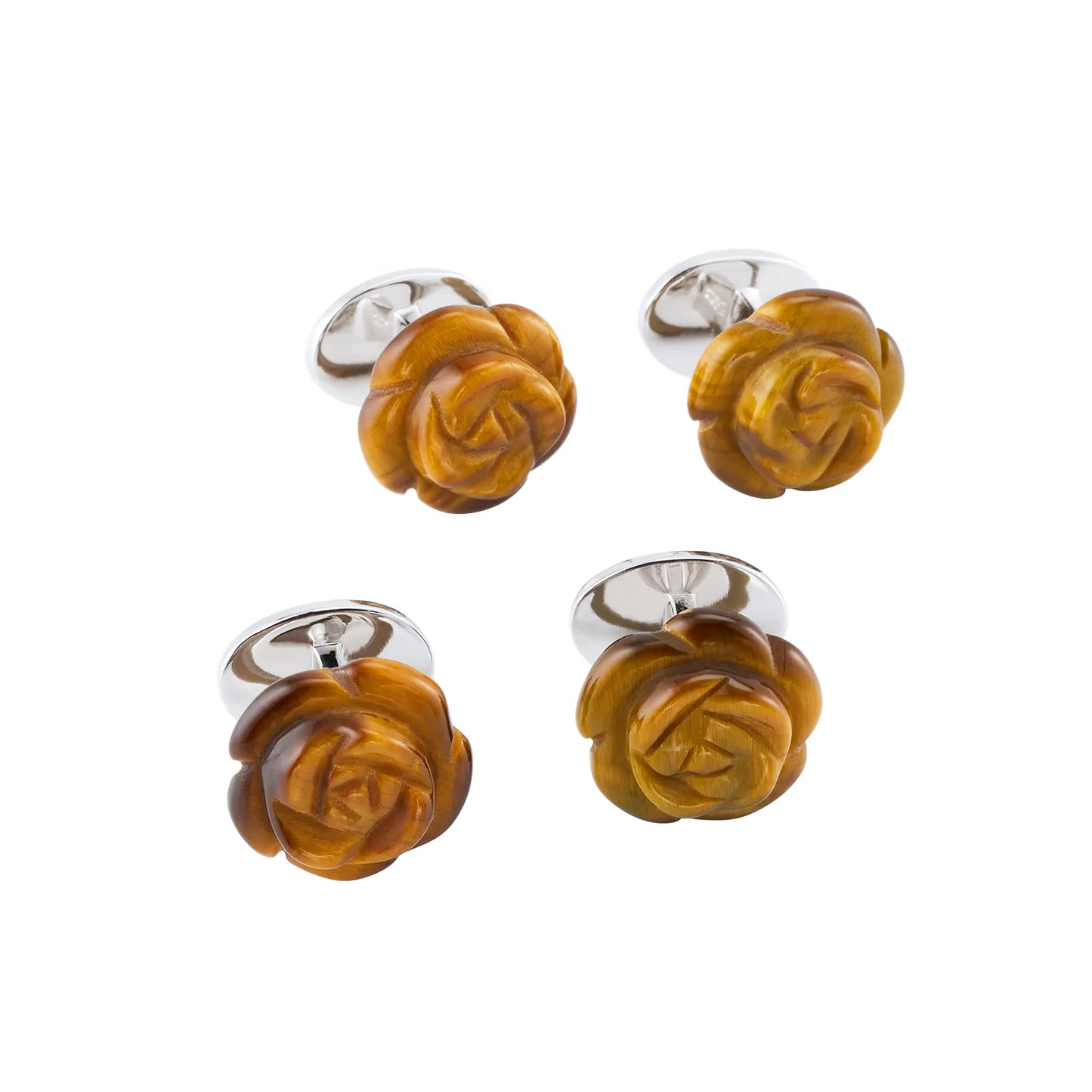 Carved tiger's eye rose tuxedo stud set with sterling silver bullet backs for formal dress shirts.