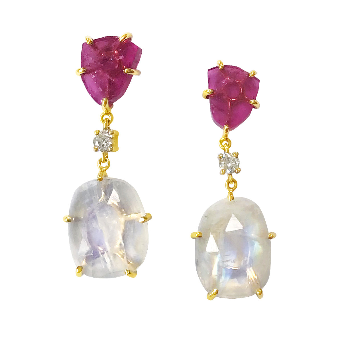 18K One of a Kind 2-Tier Gemstone Earrings: Pink Tourmaline Slice, Faceted Rainbow Moonstone & Diamond