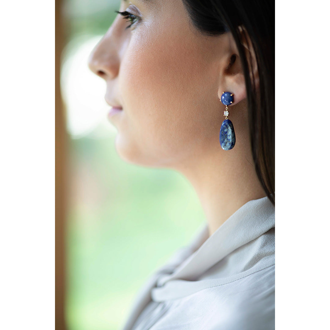 Model wearing Aspen 18K Gold One of a Kind Gemstone Earrings Media