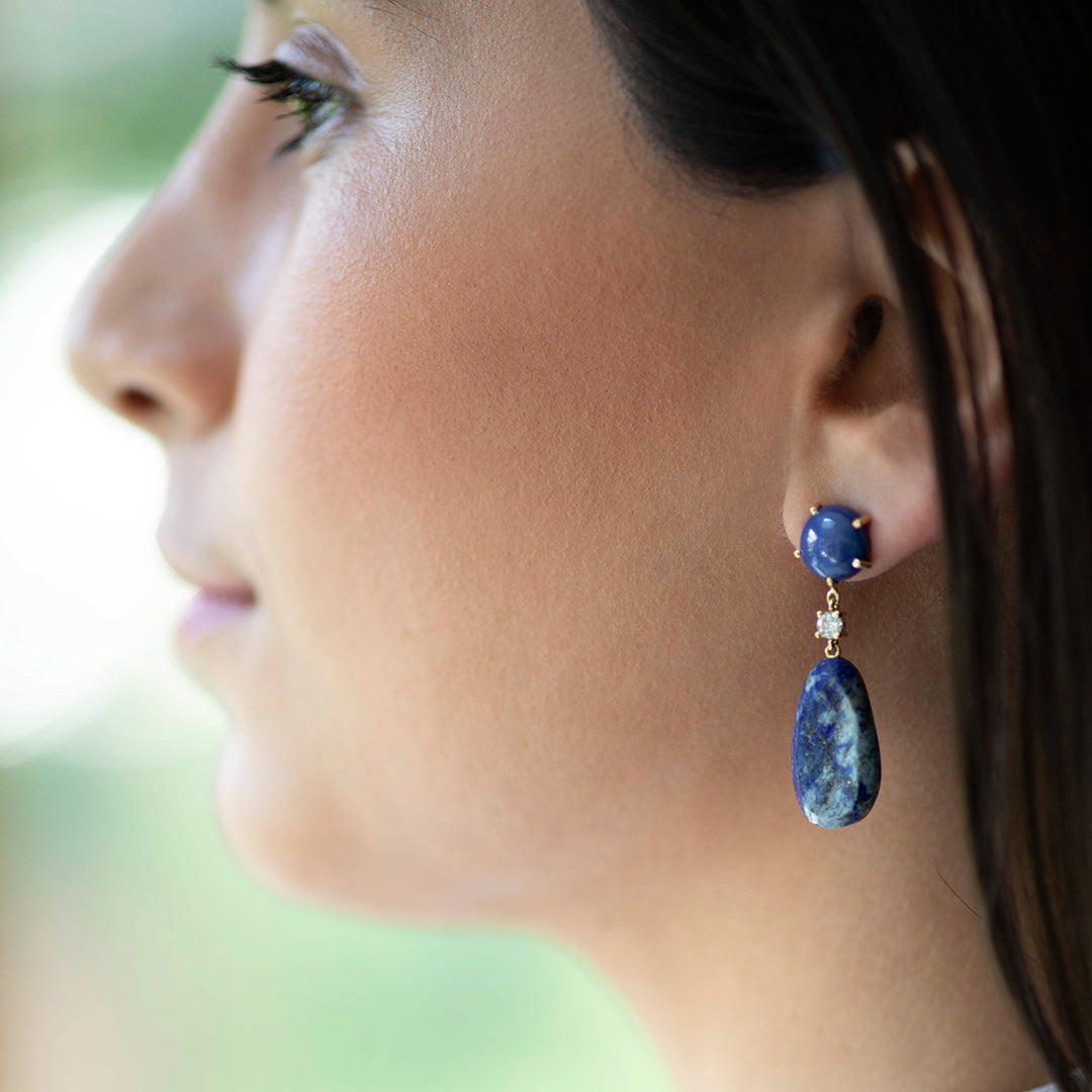 Close up of model wearing Aspen 18K Gold One of a Kind Gemstone Earrings
