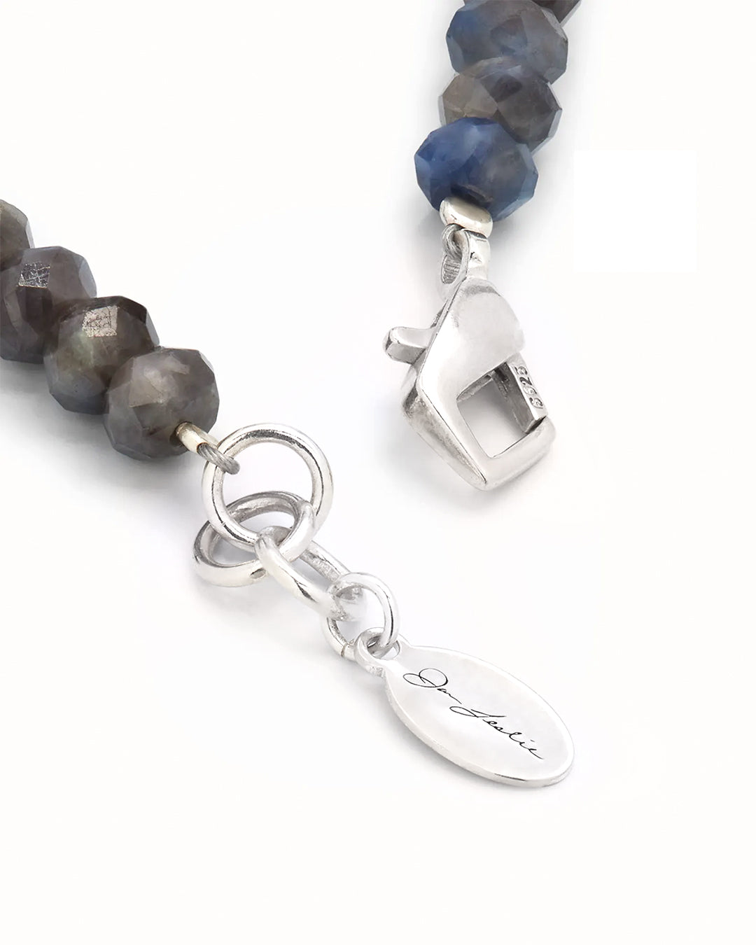 Close up of the 925 sterling silver claw closure on Jan Leslie's Sapphire Bead Bracelet with Diamond Accent Silver Tube.