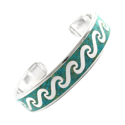 Wide Crushed Wave Pattern Gemstone Inlay Sterling Silver Cuff Bracelet in turquoise gemstone inlay I Jan Leslie Cufflinks and Accessories. 