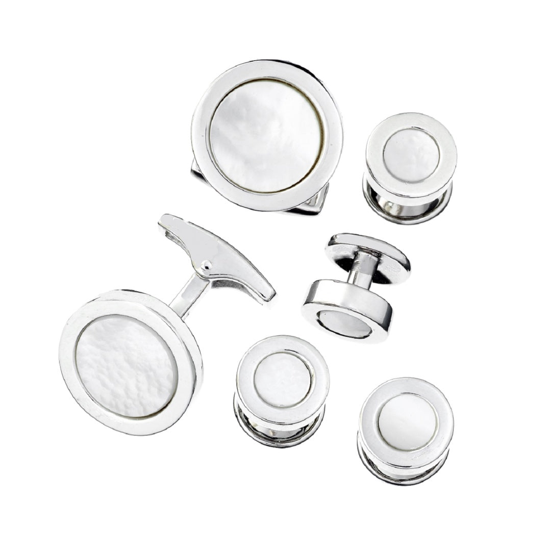 Mother of Pearl Inlay Round Sterling Silver Cufflinks & Tuxedo Studs in mother of pearl I Jan Leslie Cufflinks and Accessories.