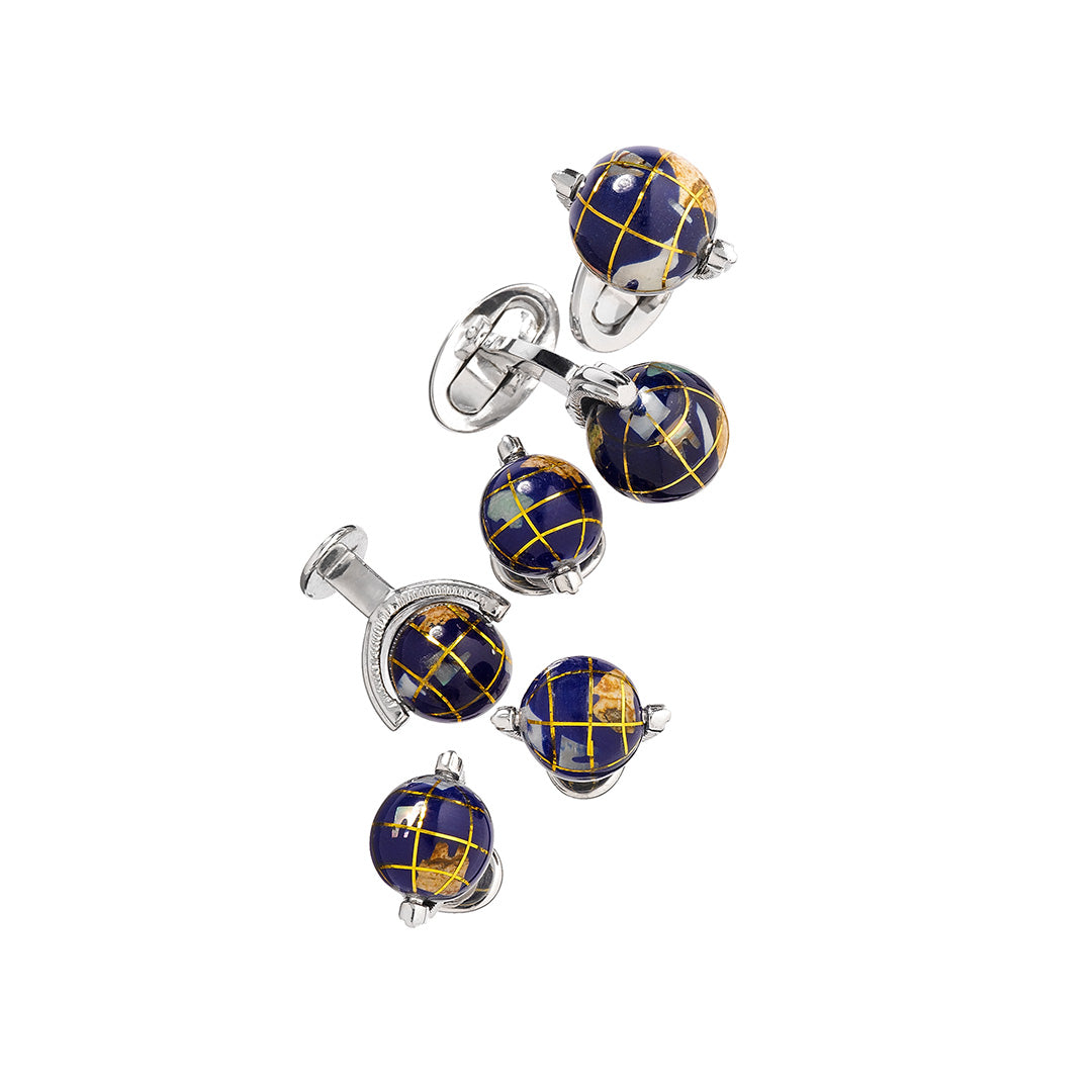 Spinning Globe with Lapis Inlay Sterling Silver Cufflinks and Tuxedo Studs I Jan Leslie Cufflinks and Accessories.