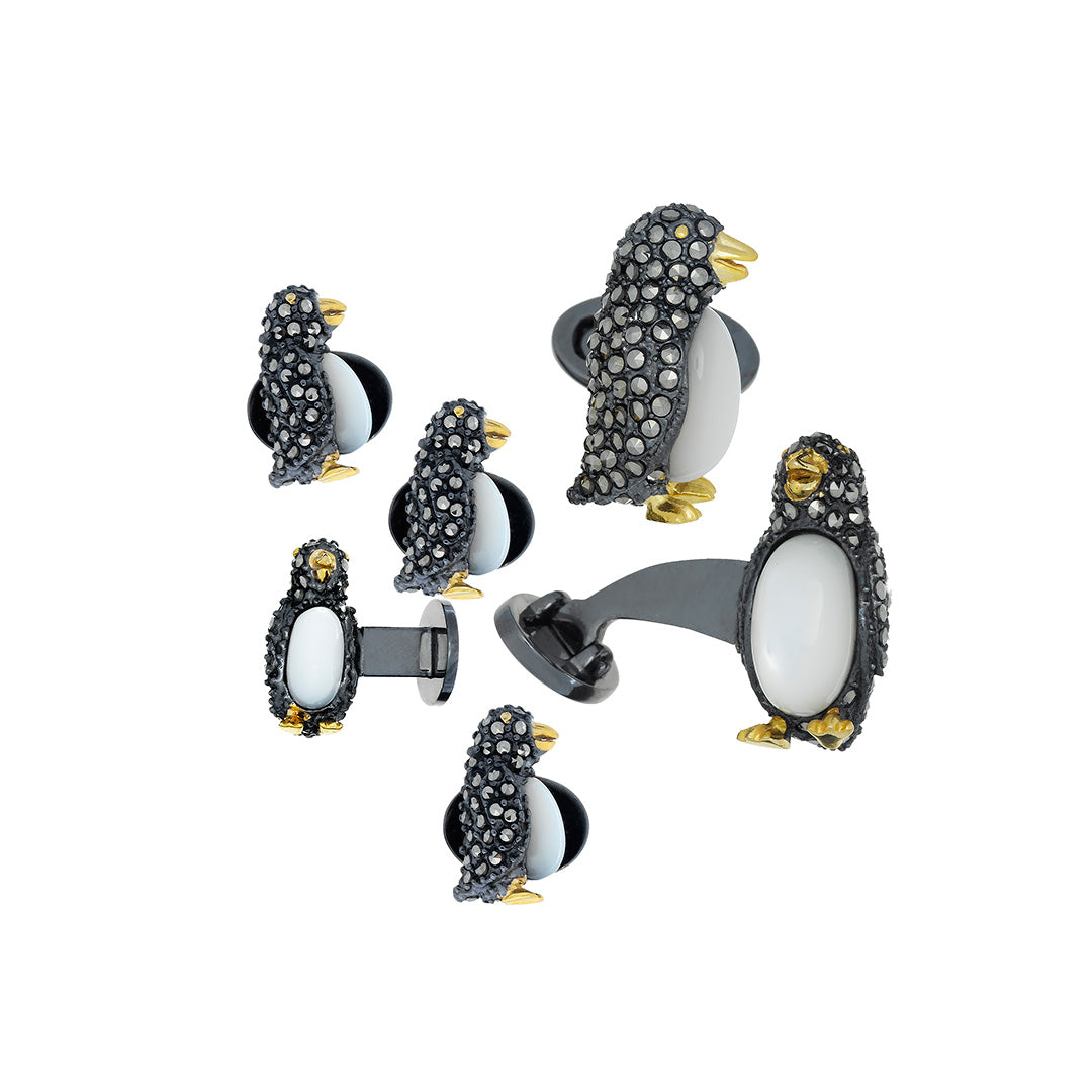 Gemstone Penguin Sterling Silver Cufflinks and Tuxedo Studs I Jan Leslie