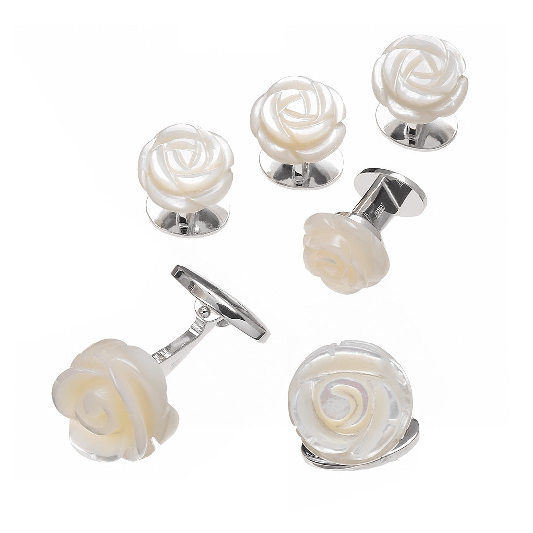 Hand Carved Gemstone Rose Sterling Silver Cufflinks and Tuxedo Studs in mother of pearl I Jan Leslie Cufflinks and Accessories.