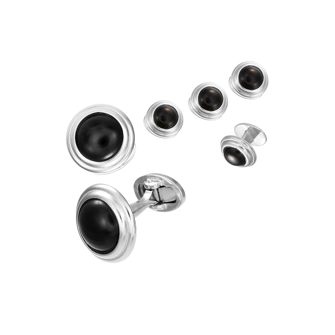 Gemstone Cabochon with Thick Border Sterling Silver Cufflinks & Tuxedo Studs with onyx inlay I Jan Leslie Cufflinks and Accessories.