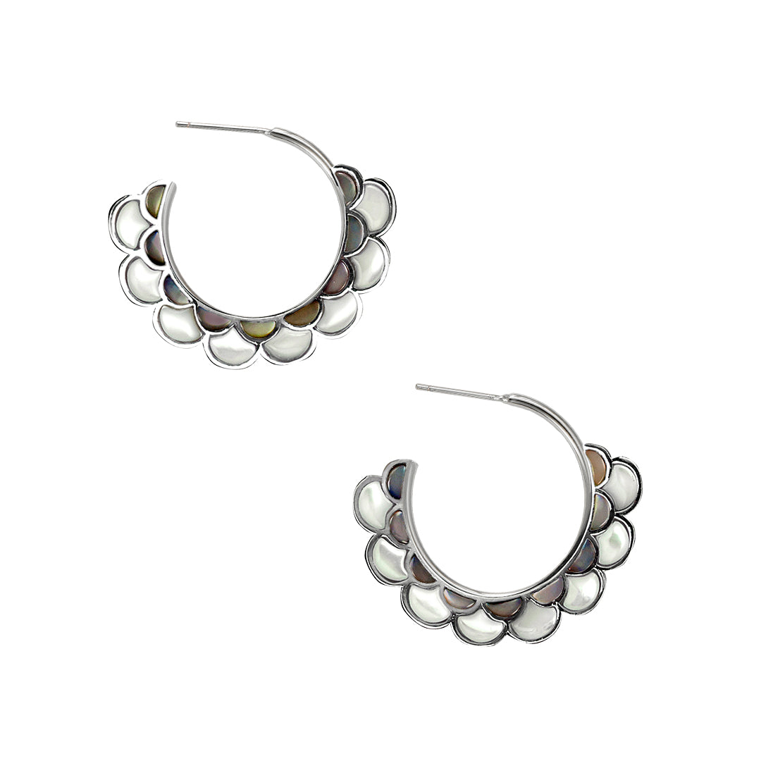 Koi Cascade Mother of Pearl Small Hoop Sterling Silver Earrings in grey and white mother of pearl on silver I Jan Leslie Cufflinks and Accessories.