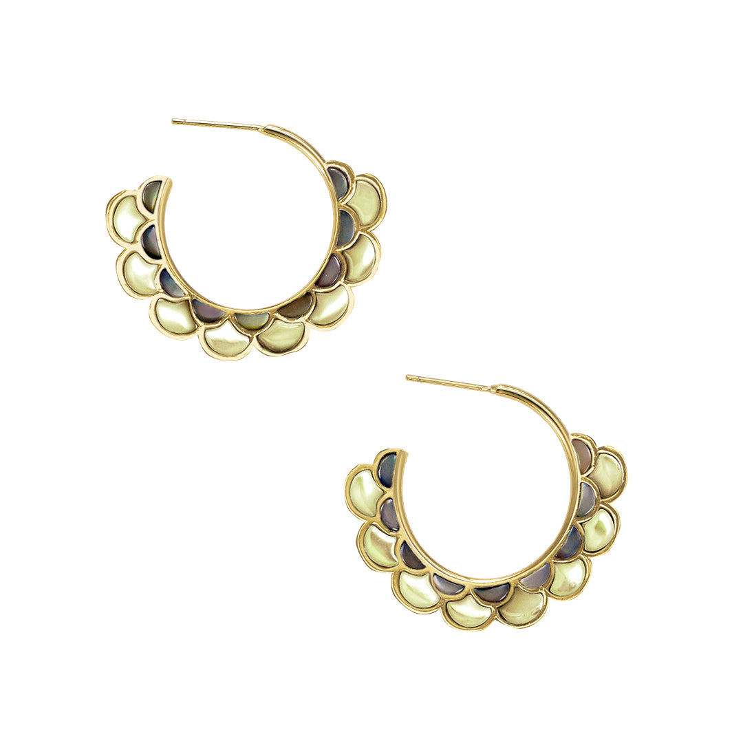 Koi Cascade Mother of Pearl Small Hoop Sterling Silver Earrings in yellow and brown mother of pearl on gold I Jan Leslie Cufflinks and Accessories.