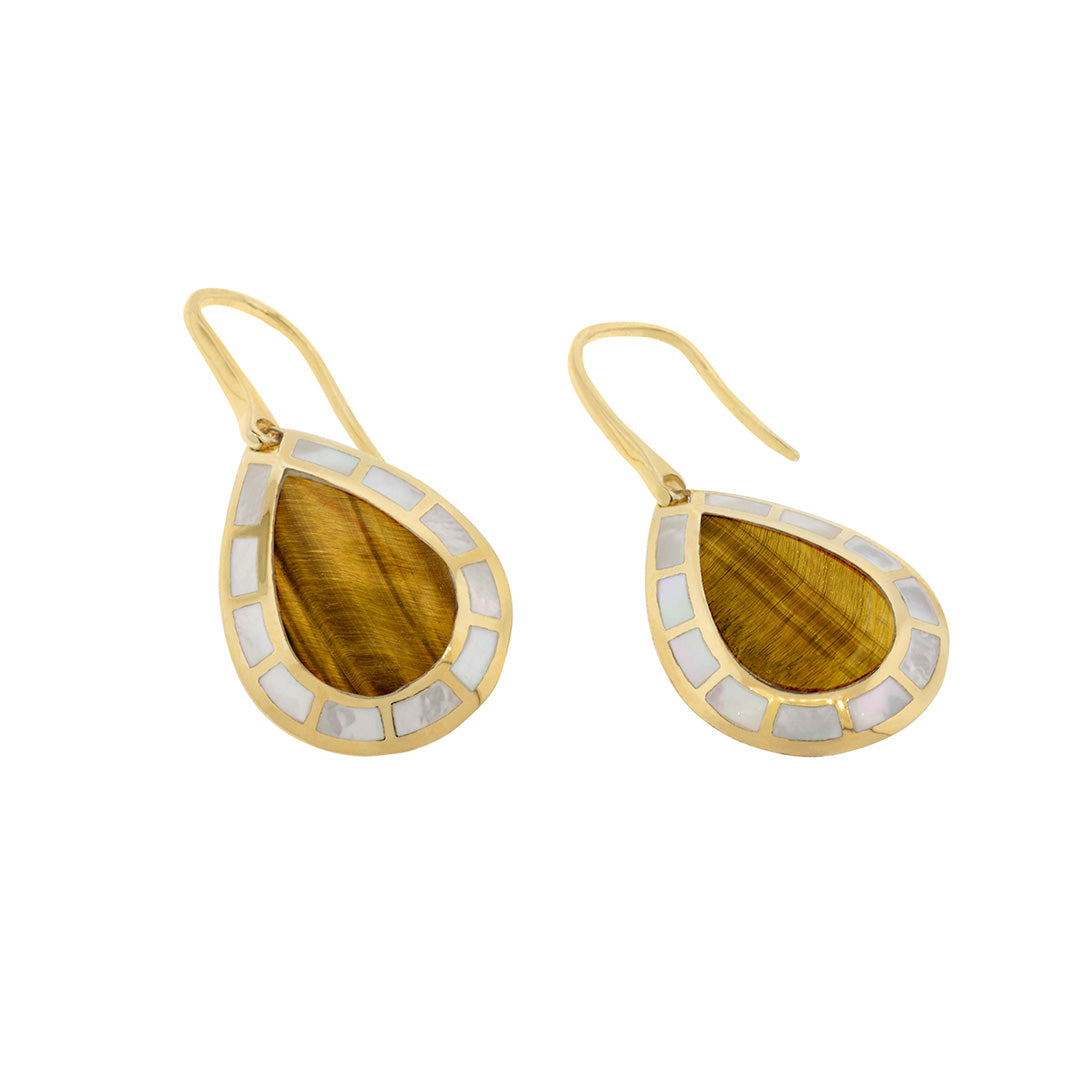 Dash Teardrop Dangle Gemstone 18K Gold Vermeil Sterling Silver Earrings with tiger's eye and mother of pearl inlay | Jan Leslie Cufflinks and Accessories.