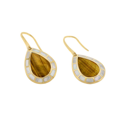 Dash Teardrop Dangle Gemstone 18K Gold Vermeil Sterling Silver Earrings with tiger's eye and mother of pearl inlay  | Jan Leslie Cufflinks and Accessories. 