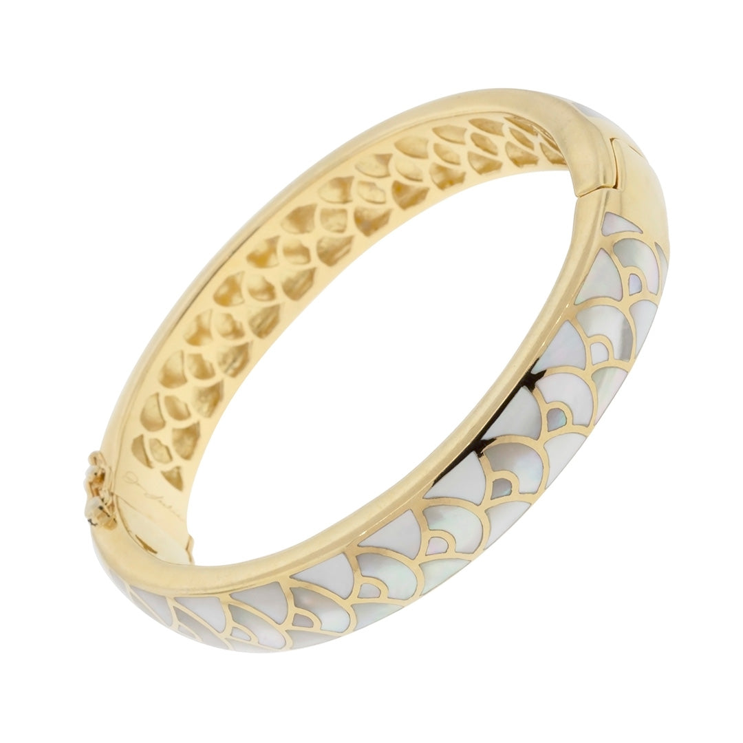 Side and inside view of Jan Leslie's Fan Gemstone & Sterling Silver with 18K Gold Bangle Bracelet in mother of pearl on gold.