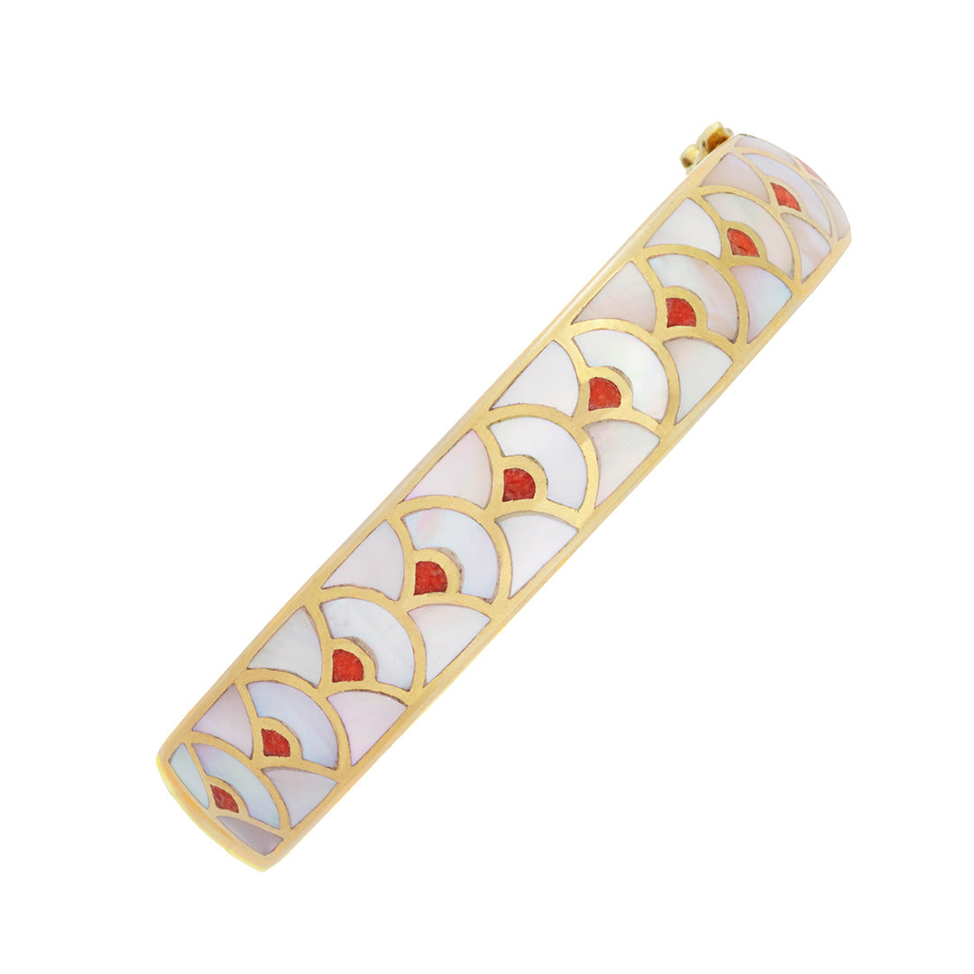 Fan Gemstone & Sterling Silver with 18K Gold Bangle Bracelet in Carnelian and mother of pearl on gold | Jan Leslie