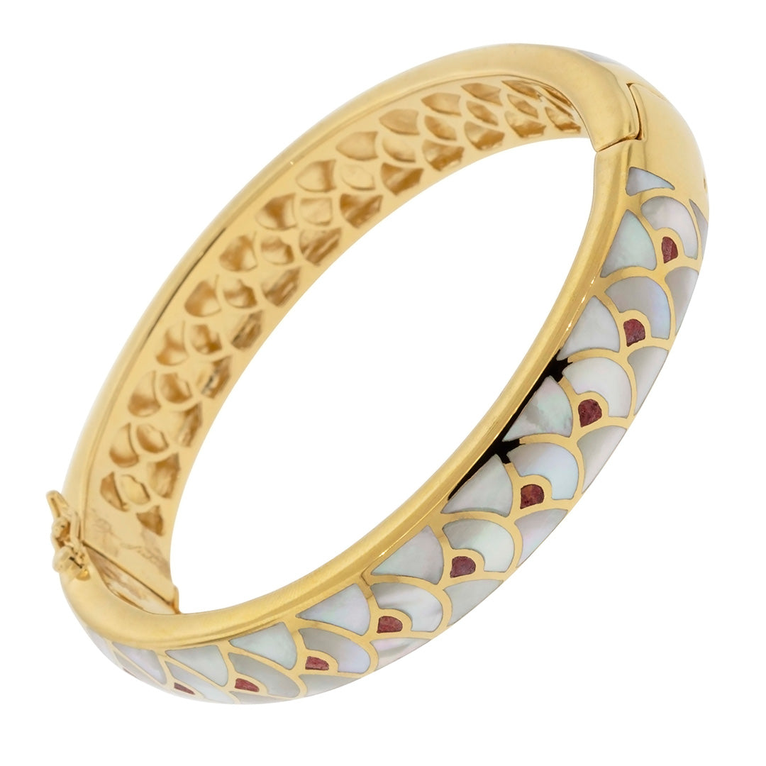 Close up view of Jan Leslie's Fan Gemstone & Sterling Silver with 18K Gold Bangle Bracelet in carnelian and mother of pearl on gold.