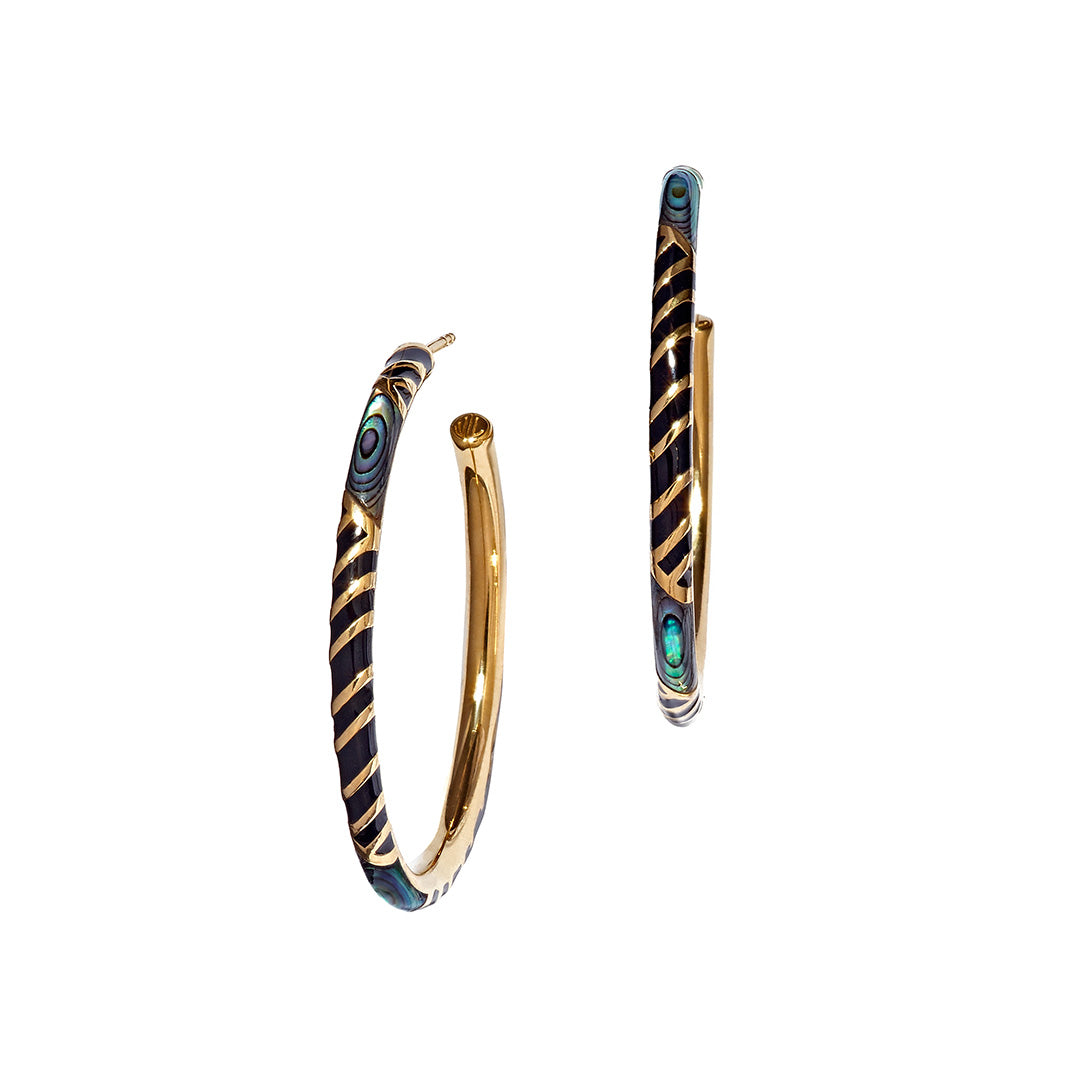 Stripe Enamel & Gemstone Sterling Silver 35mm Hoop Earrings in abalone on gold I Jan Leslie Cufflinks and Accessories.