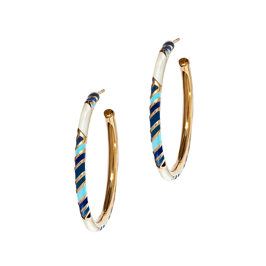Stripe Enamel & Gemstone Sterling Silver 35mm Hoop Earrings in blue on gold I Jan Leslie Cufflinks and Accessories.