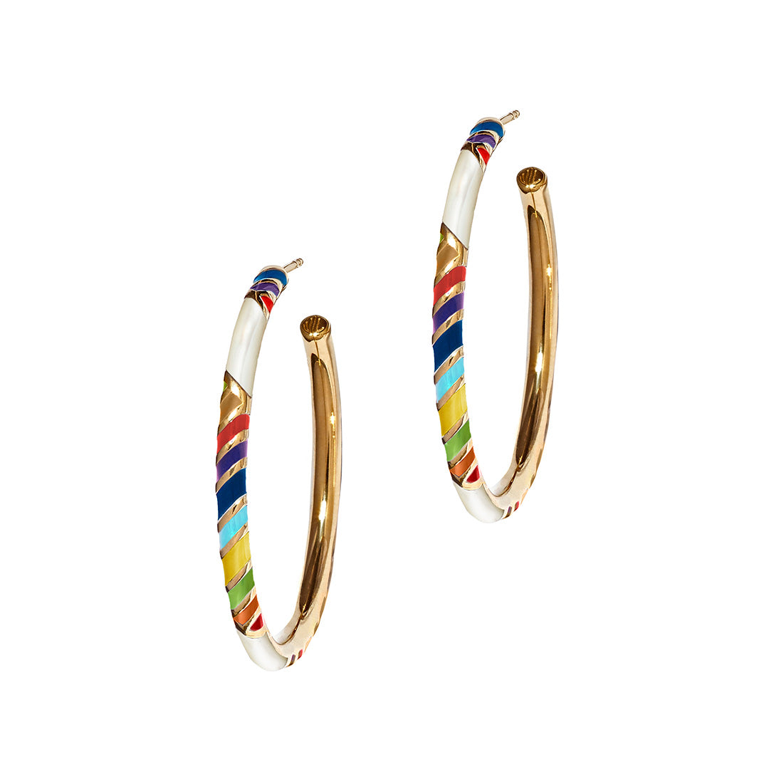 Stripe Enamel & Gemstone Sterling Silver 35mm Hoop Earrings in opaque rainbow on gold I Jan Leslie Cufflinks and Accessories.