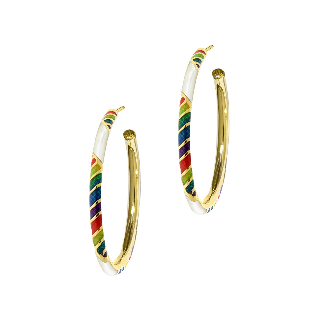 Stripe Enamel & Gemstone Sterling Silver 35mm Hoop Earrings in rainbow on gold I Jan Leslie Cufflinks and Accessories.