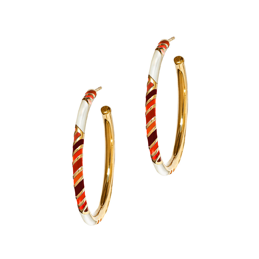 Stripe Enamel & Gemstone Sterling Silver 35mm Hoop Earrings in red on gold I Jan Leslie Cufflinks and Accessories.