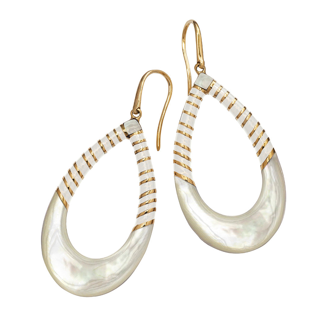 Stripe Enamel and Mother of Pearl Gemstone Teardrop 18K Gold Vermeil Sterling Silver Earrings in white on gold I Jan Leslie Cufflinks and Accessories.