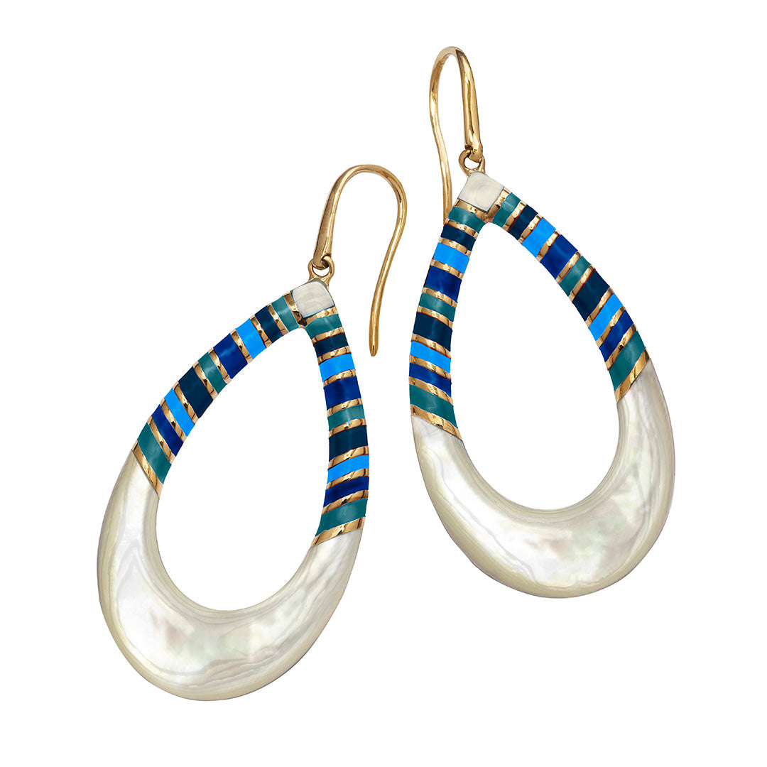 Stripe Enamel and Mother of Pearl Gemstone Teardrop 18K Gold Vermeil Sterling Silver Earrings in blue on gold I Jan Leslie Cufflinks and Accessories.